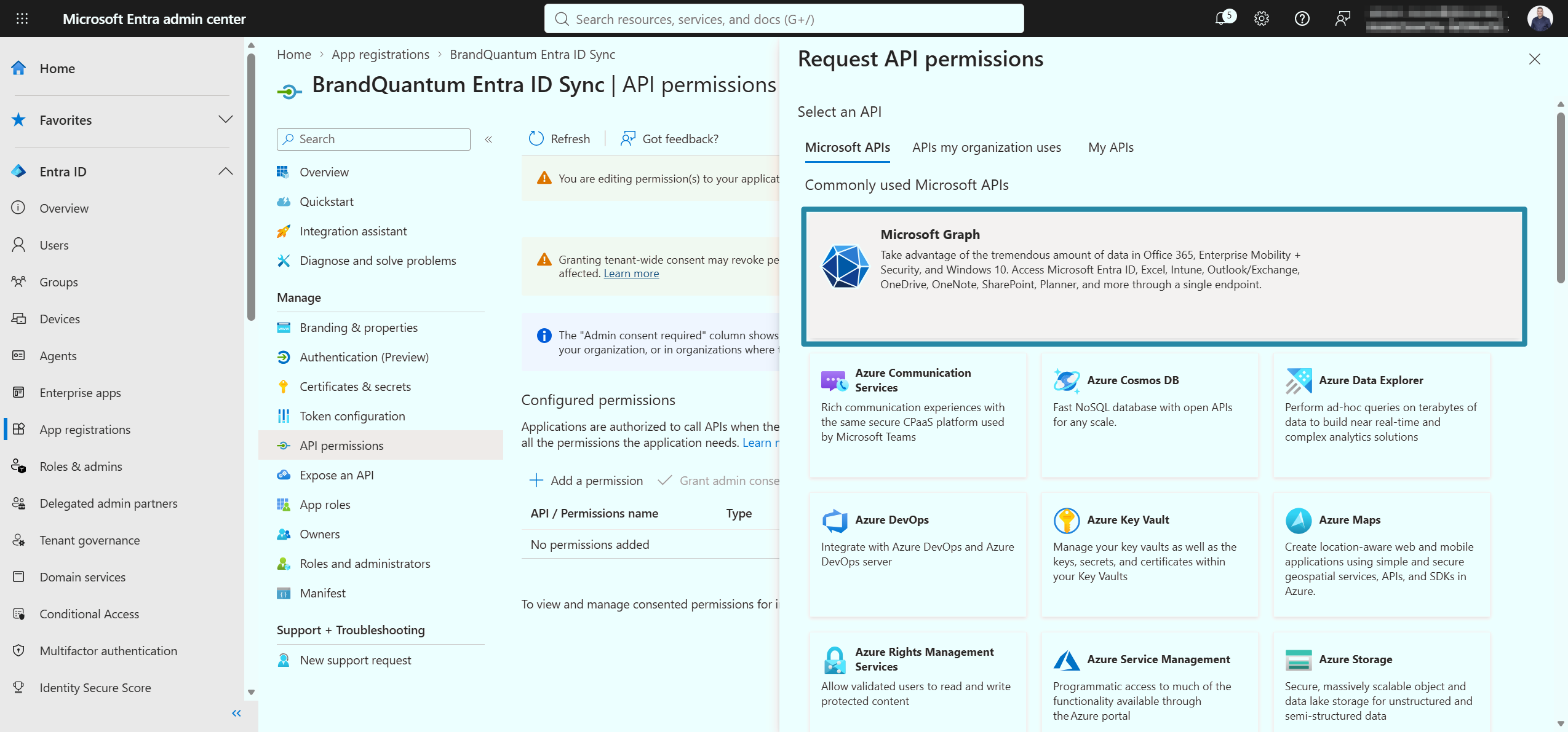 Request API permissions panel with Microsoft Graph highlighted for selection.