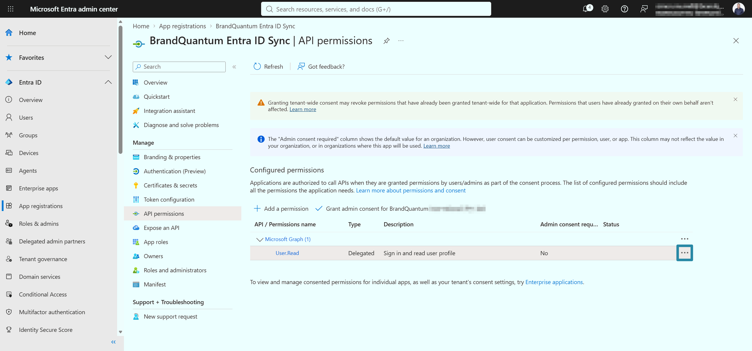 API permissions page with the User.Read row menu highlighted to remove the permission.