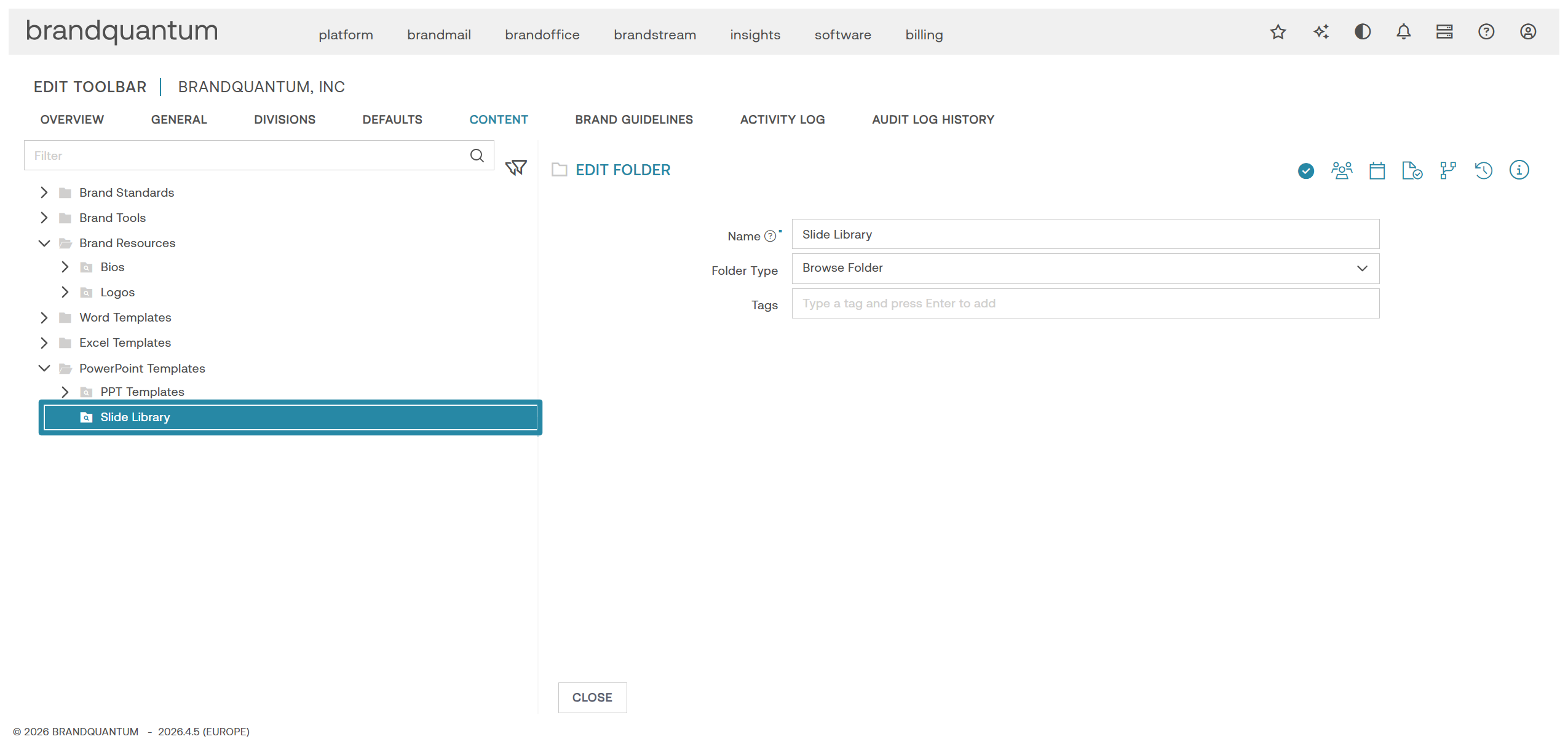 Content tab with the Slide Library folder selected, where the PowerPoint slide will be added