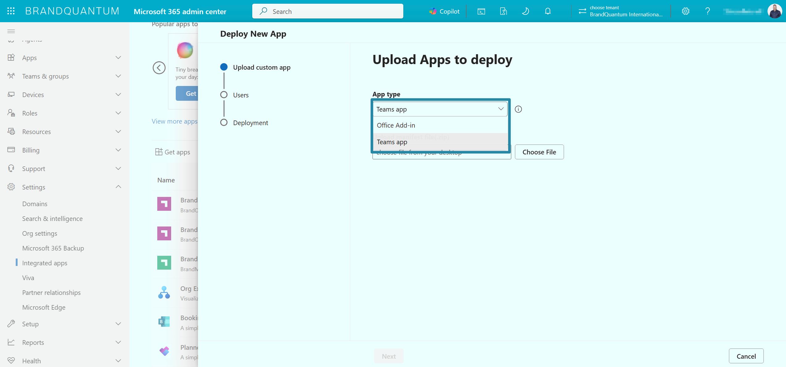 Deploy New App screen with the App type menu open, showing Office Add-in as an option for the add-in set-up.