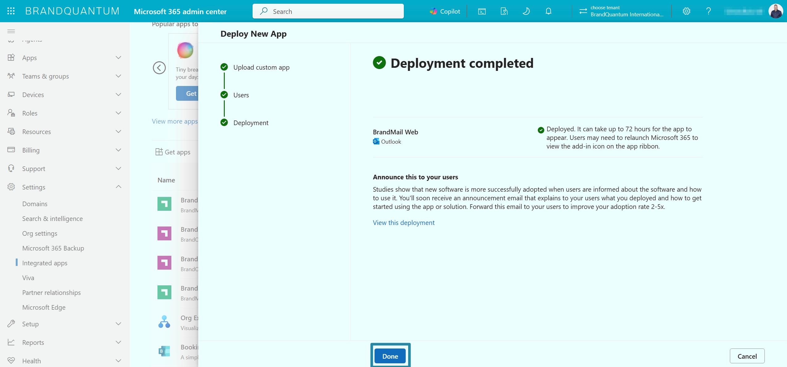Wait for Deployment completed to appear for BrandMail Web.