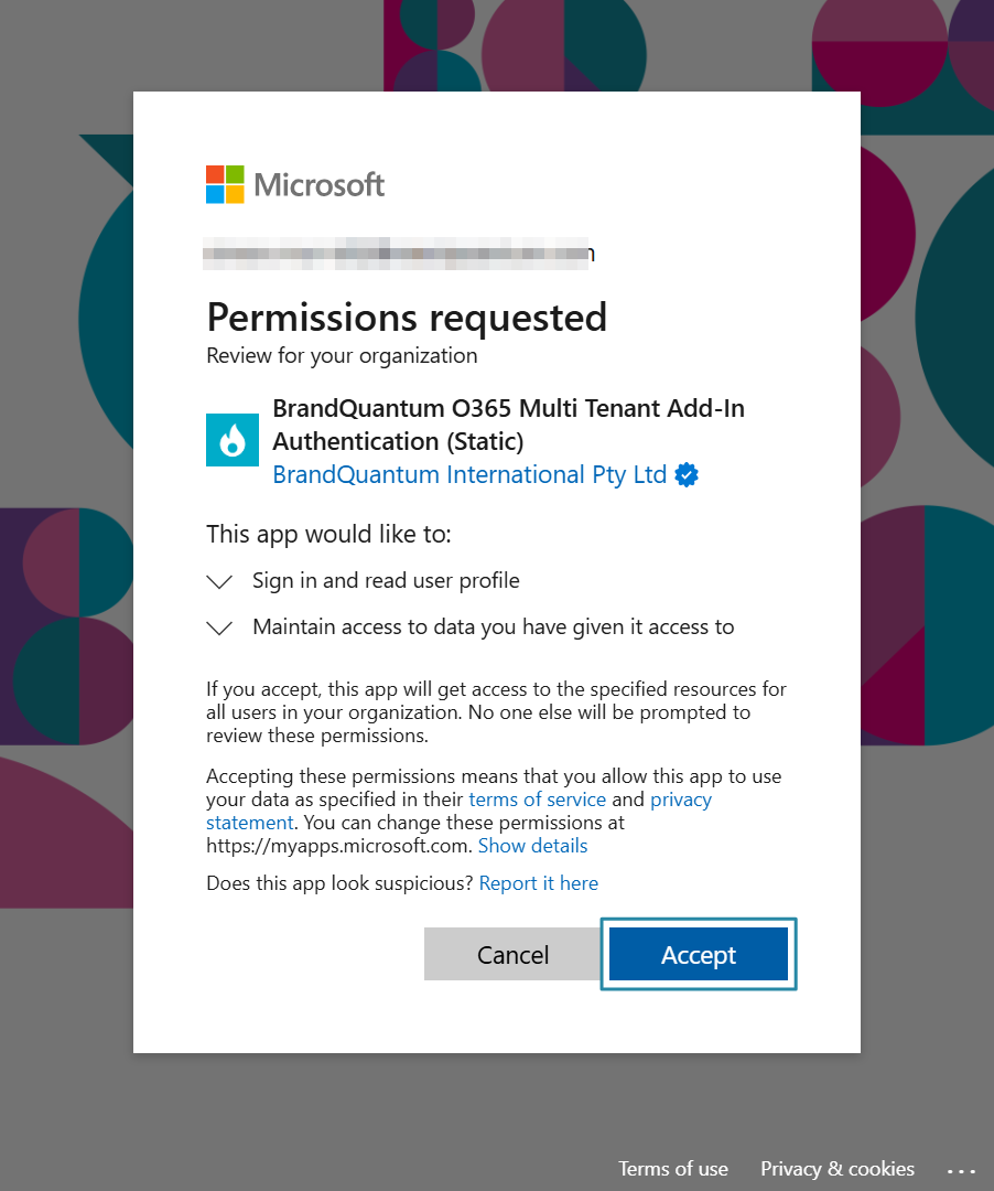 Microsoft Permissions requested screen with the Accept button highlighted to grant the app permissions