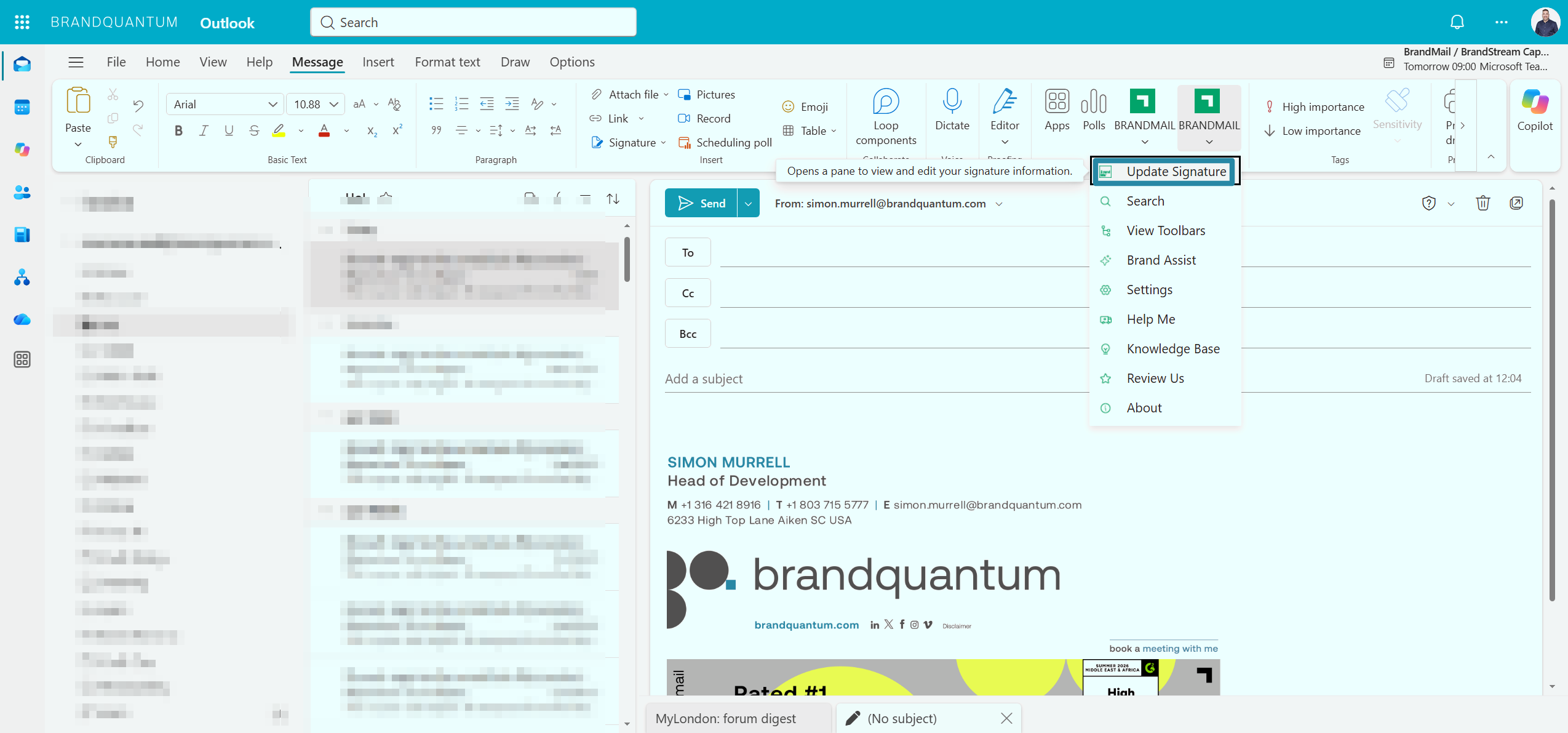 Outlook compose window with the BrandMail menu open and Update Signature highlighted to edit signature information