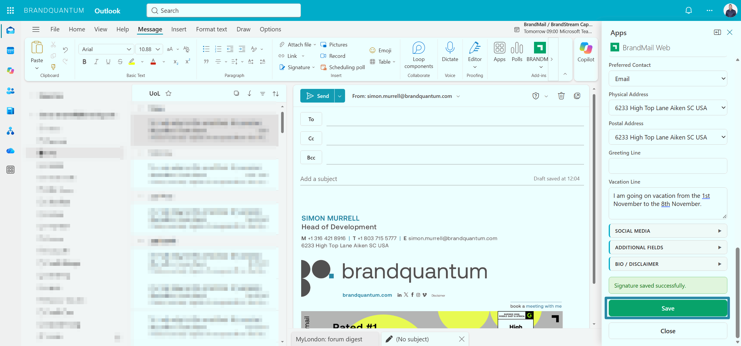 BrandMail Web pane showing the successful save message and highlighted Save button for saving signature info