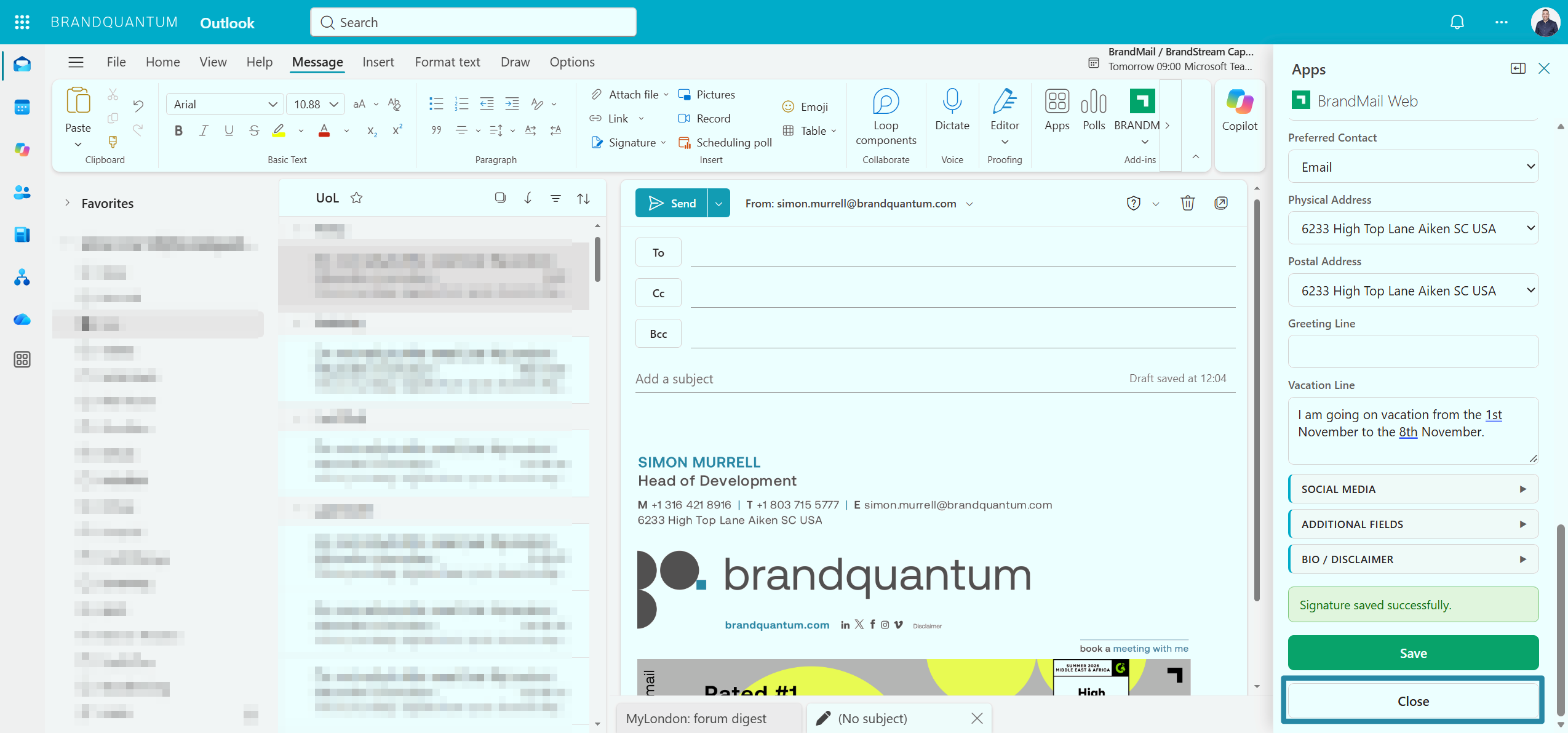 BrandMail Web signature pane with the Close button highlighted to return to the message.