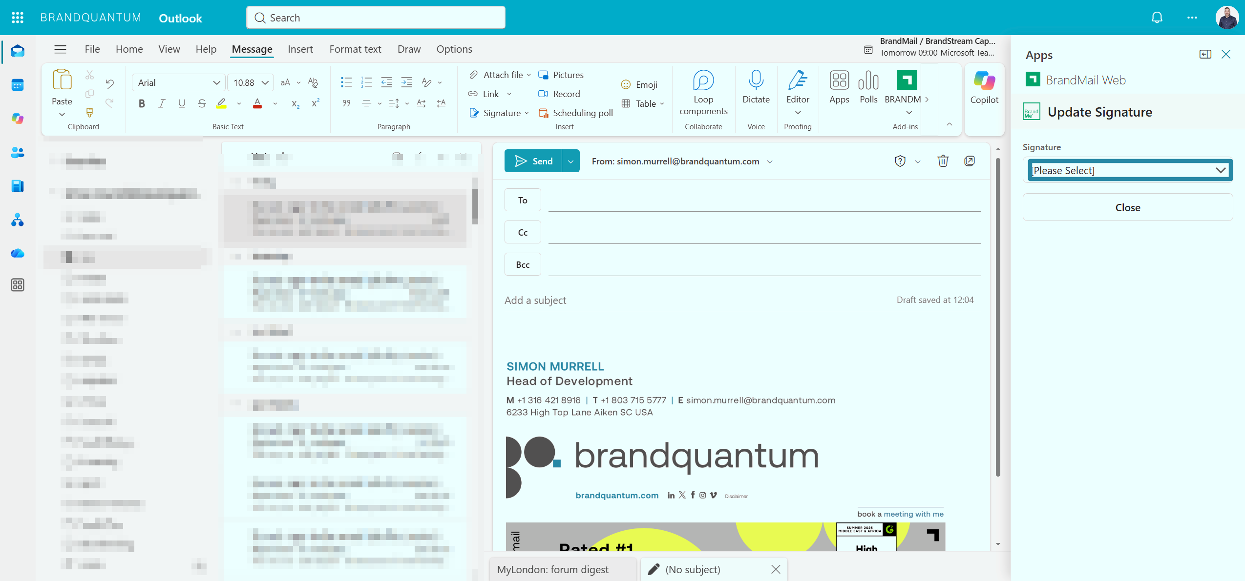 Outlook with the BrandMail Web Update Signature pane open and the Signature selection menu highlighted.