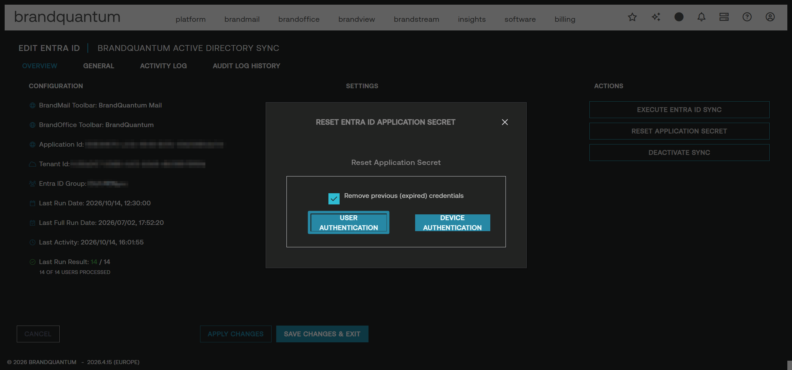 Reset Entra ID Application Secret dialog with User Authentication highlighted as the authentication method.