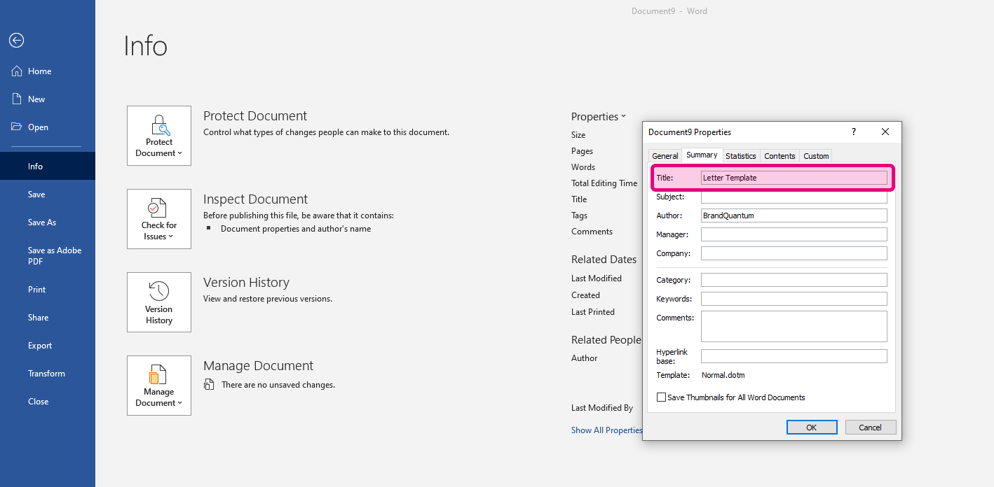 Specifying the default name of a file created from a Word template