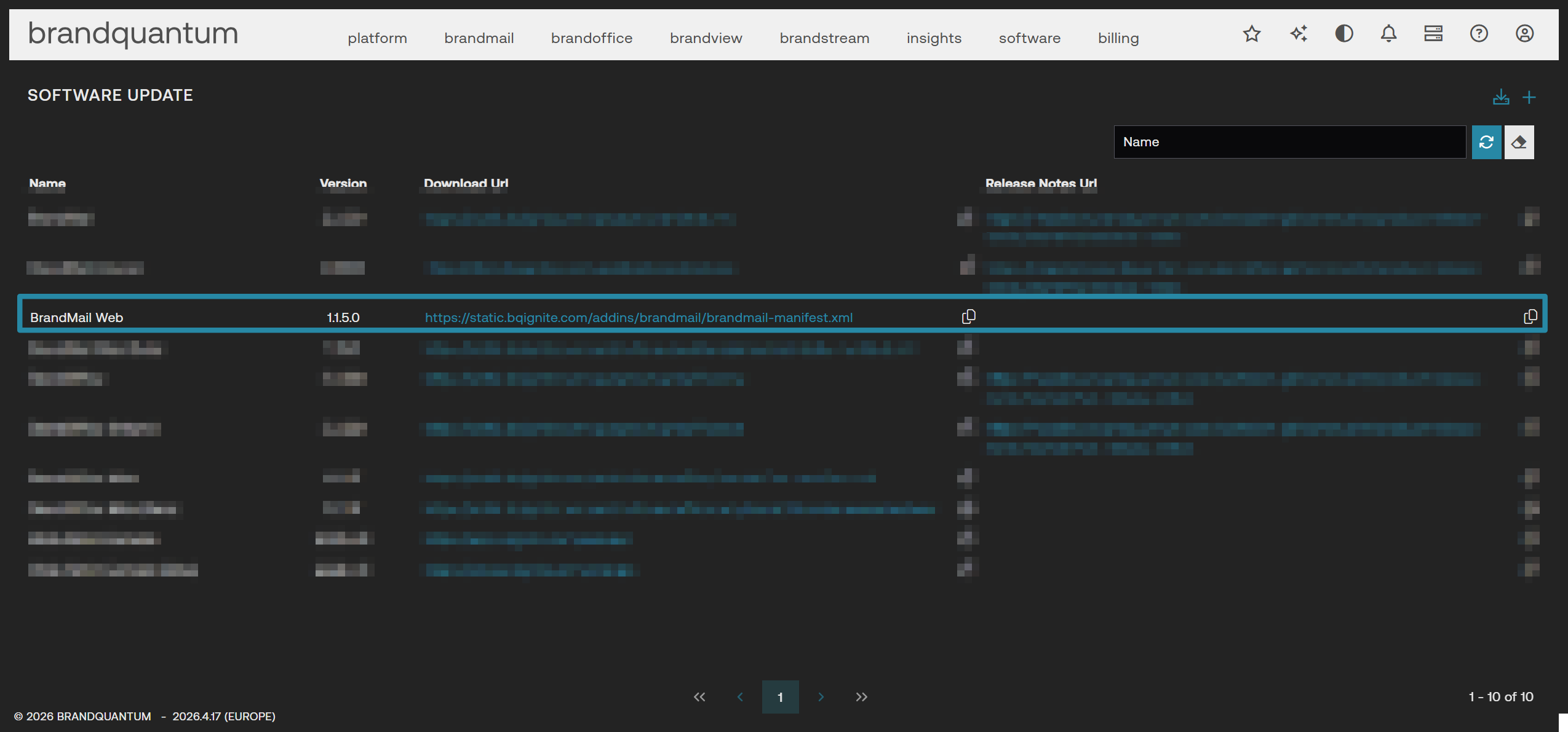 Software Update page with the BrandMail Web version 1.1.5.0 row highlighted, showing its download URL for the upgrade.