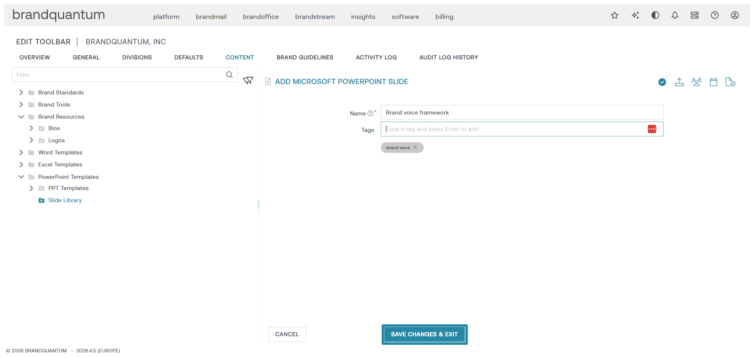 Add Microsoft PowerPoint Slide form with the Save Changes & Exit button highlighted