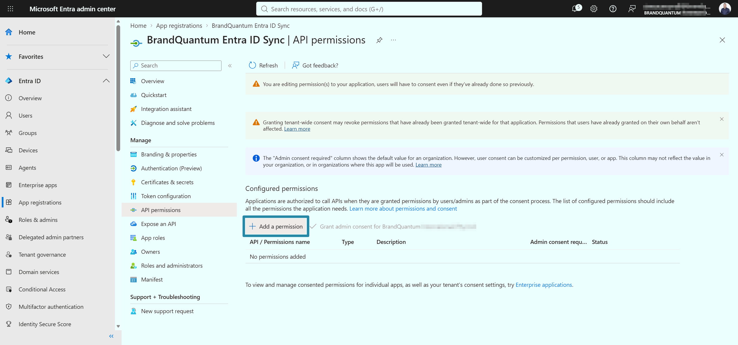 API permissions page with Add a permission highlighted to configure Microsoft Graph access.