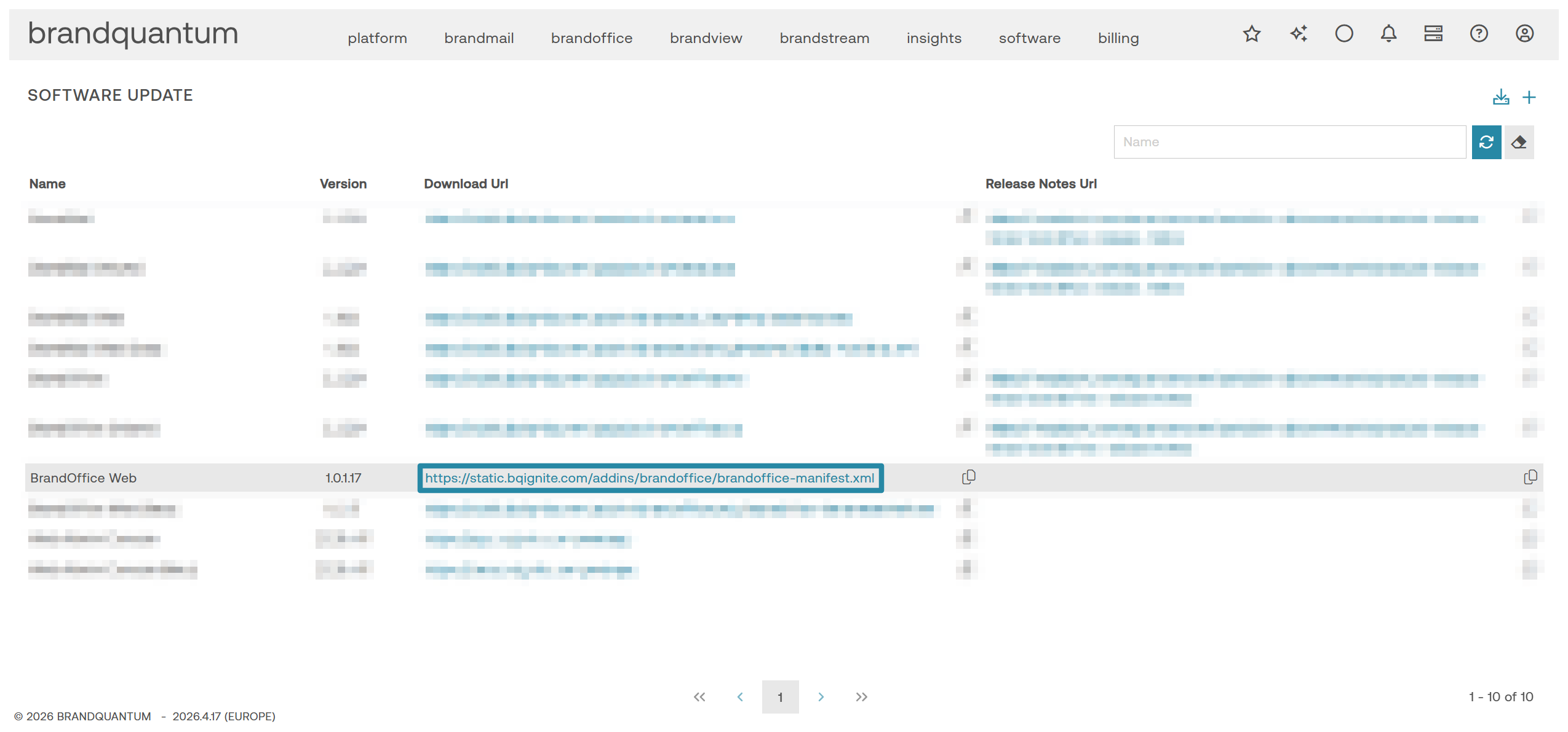 Software Update table with the BrandOffice Web row highlighted, showing the manifest URL to copy for setup