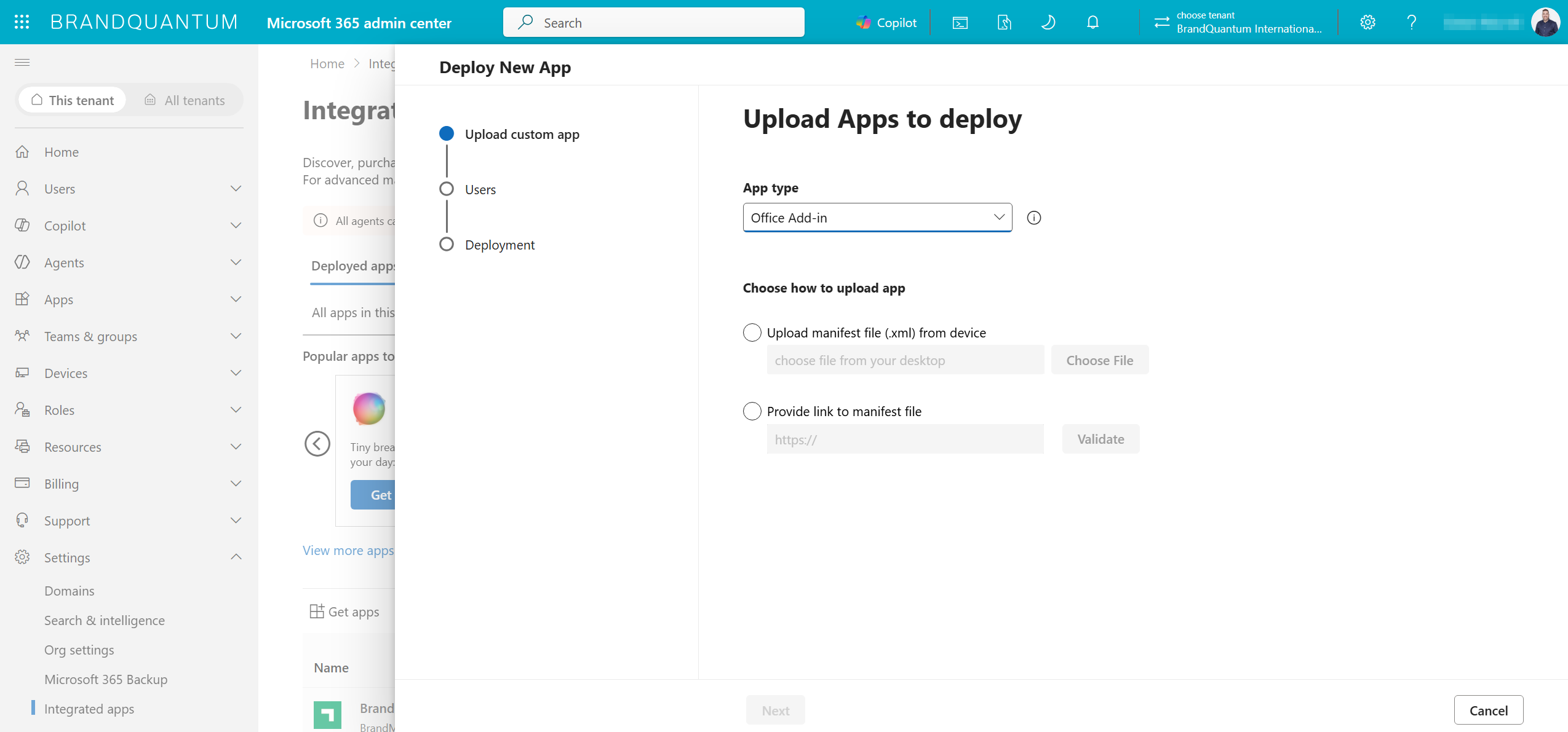 Deploy New App panel with App type set to Office Add-in