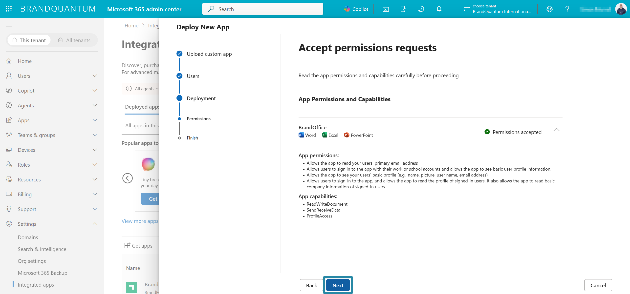 Deploy New App permissions step showing Permissions accepted and the Next button highlighted