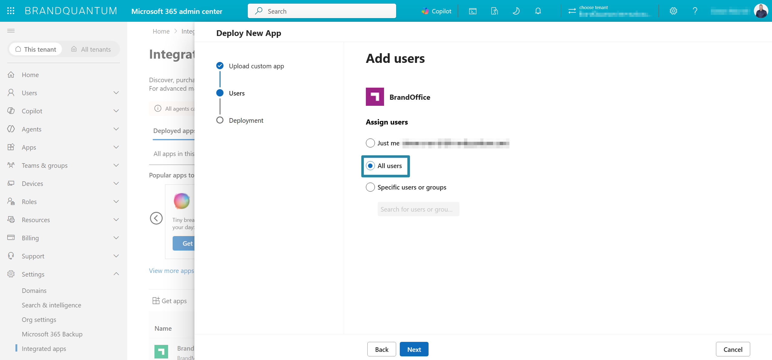 Deploy New App Add users step with All users selected to assign BrandOffice to everyone