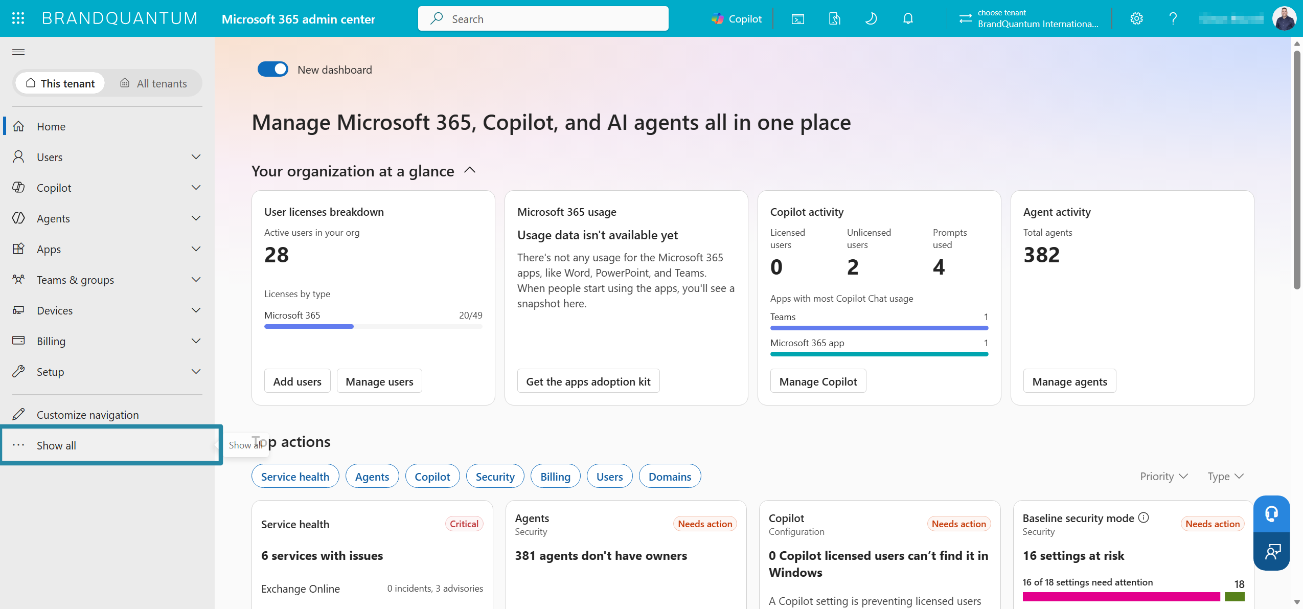Microsoft 365 admin centre Home with Show all highlighted to reveal more navigation options