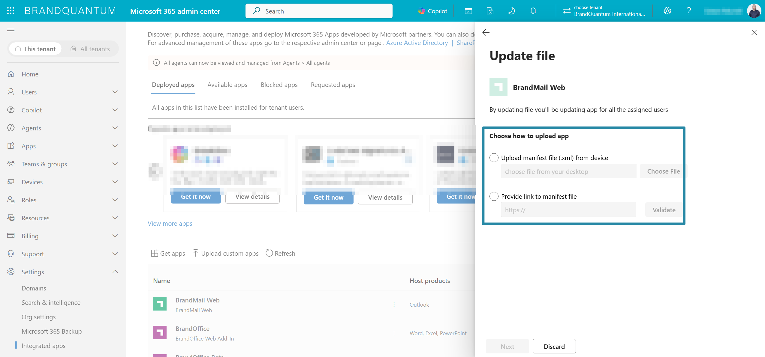 Microsoft 365 admin centre Update file panel for BrandMail Web, with options to upload or link a manifest file