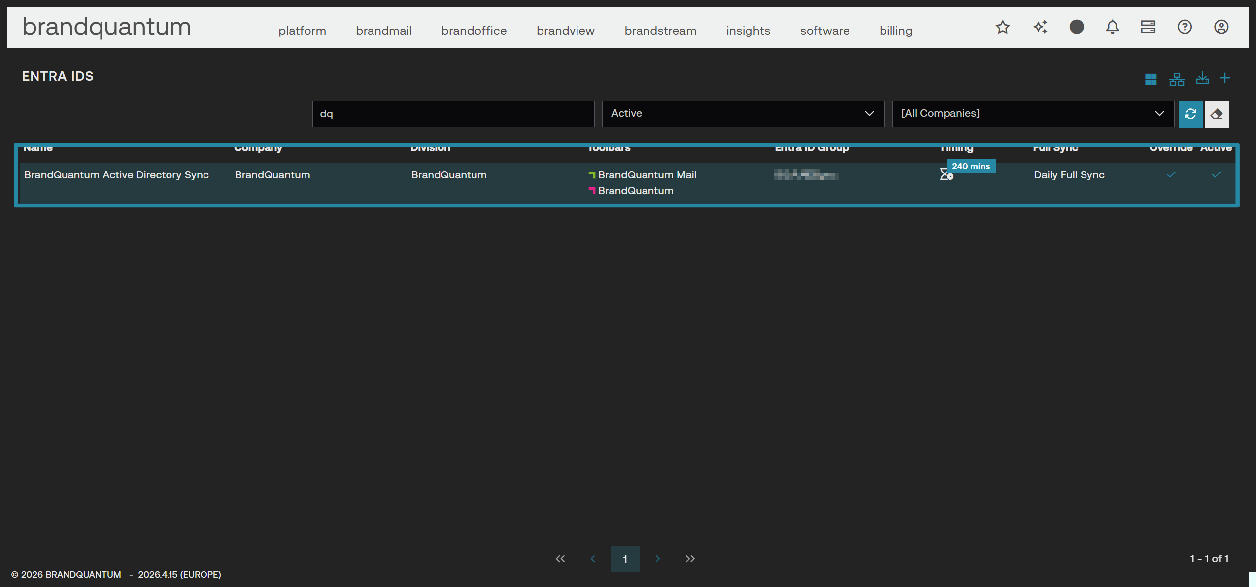Entra IDs list with the BrandQuantum Active Directory Sync row selected to open its settings.