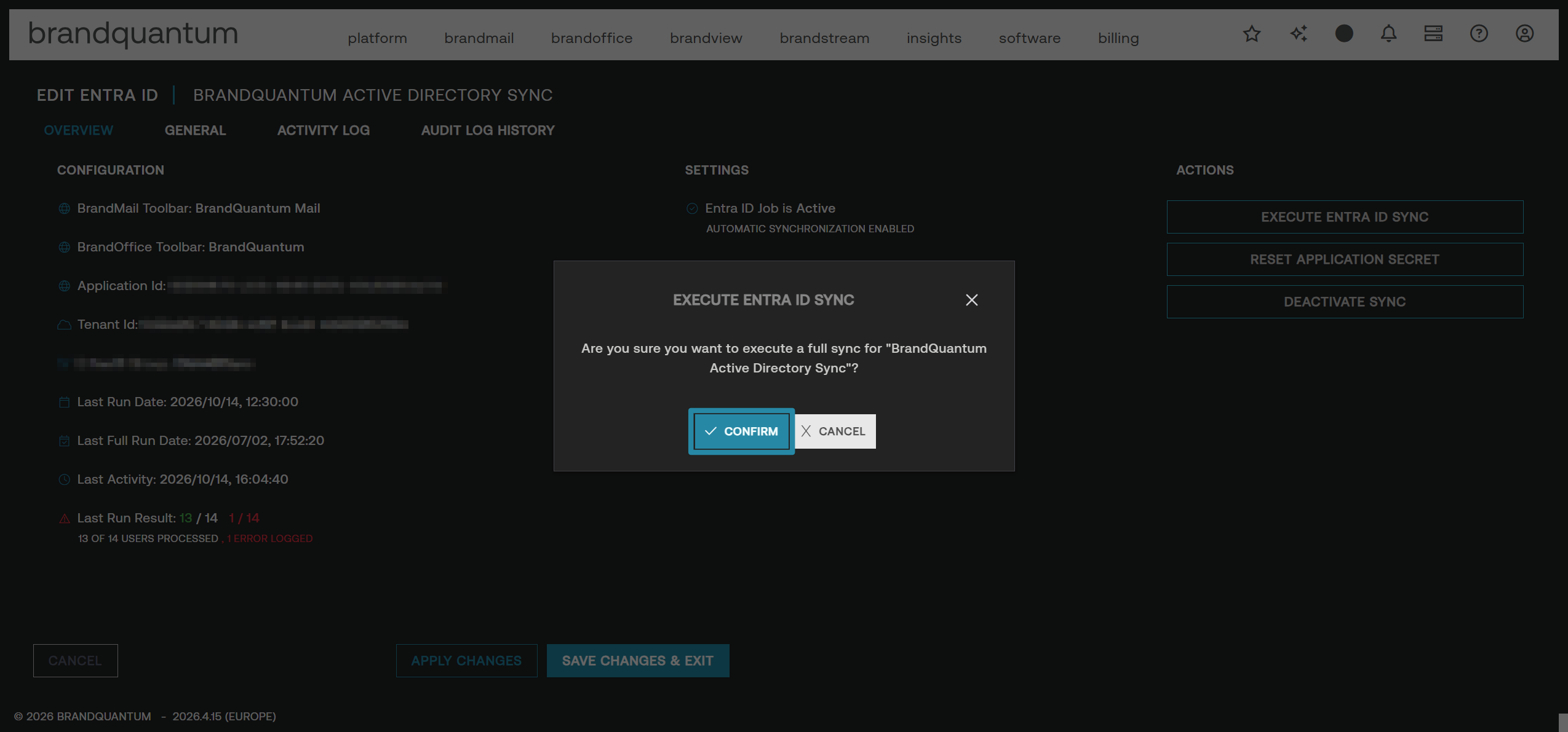 Edit Entra ID screen with the EXECUTE ENTRA ID SYNC confirmation dialog and CONFIRM button to start a full sync
