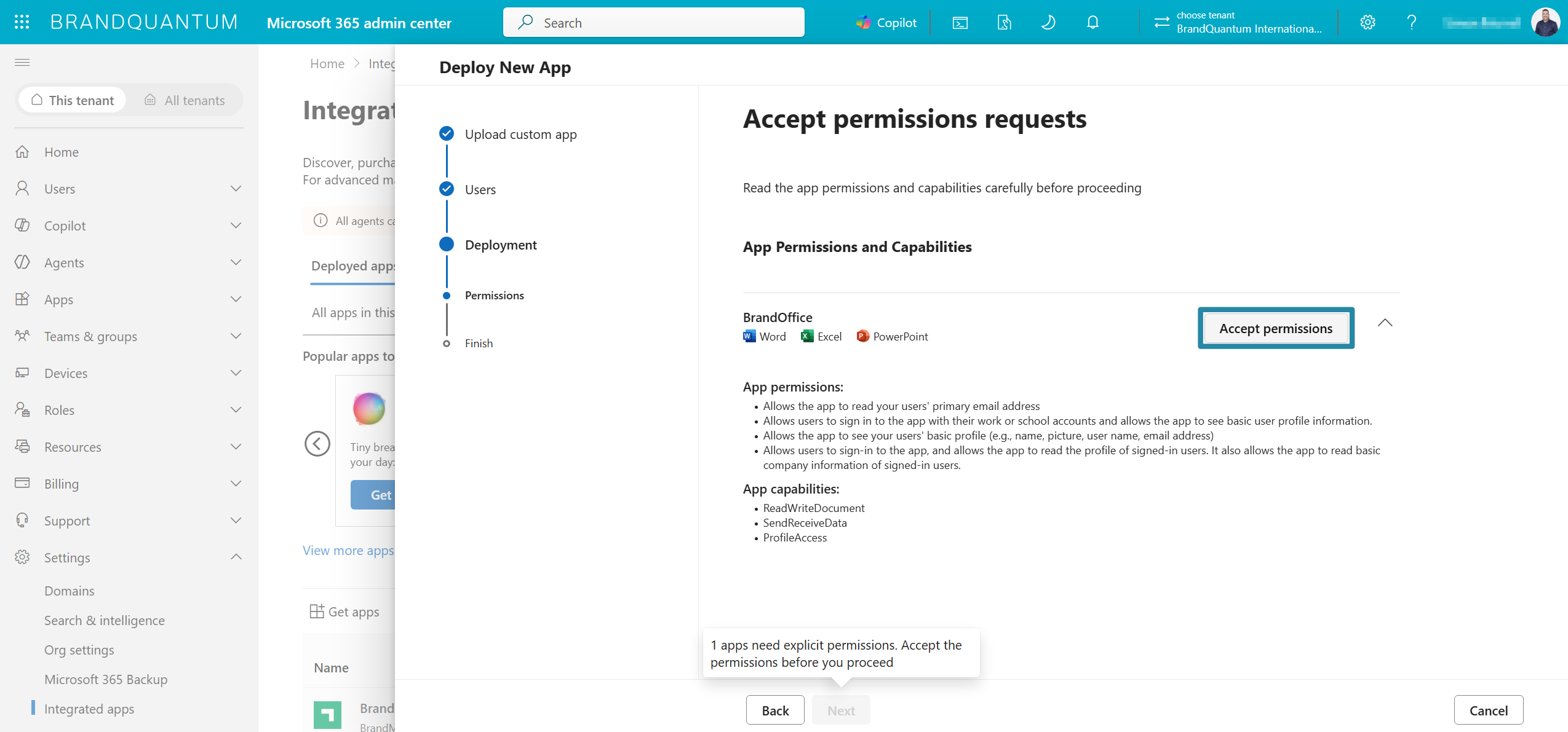 Deploy New App permissions step with Accept permissions highlighted for BrandOffice