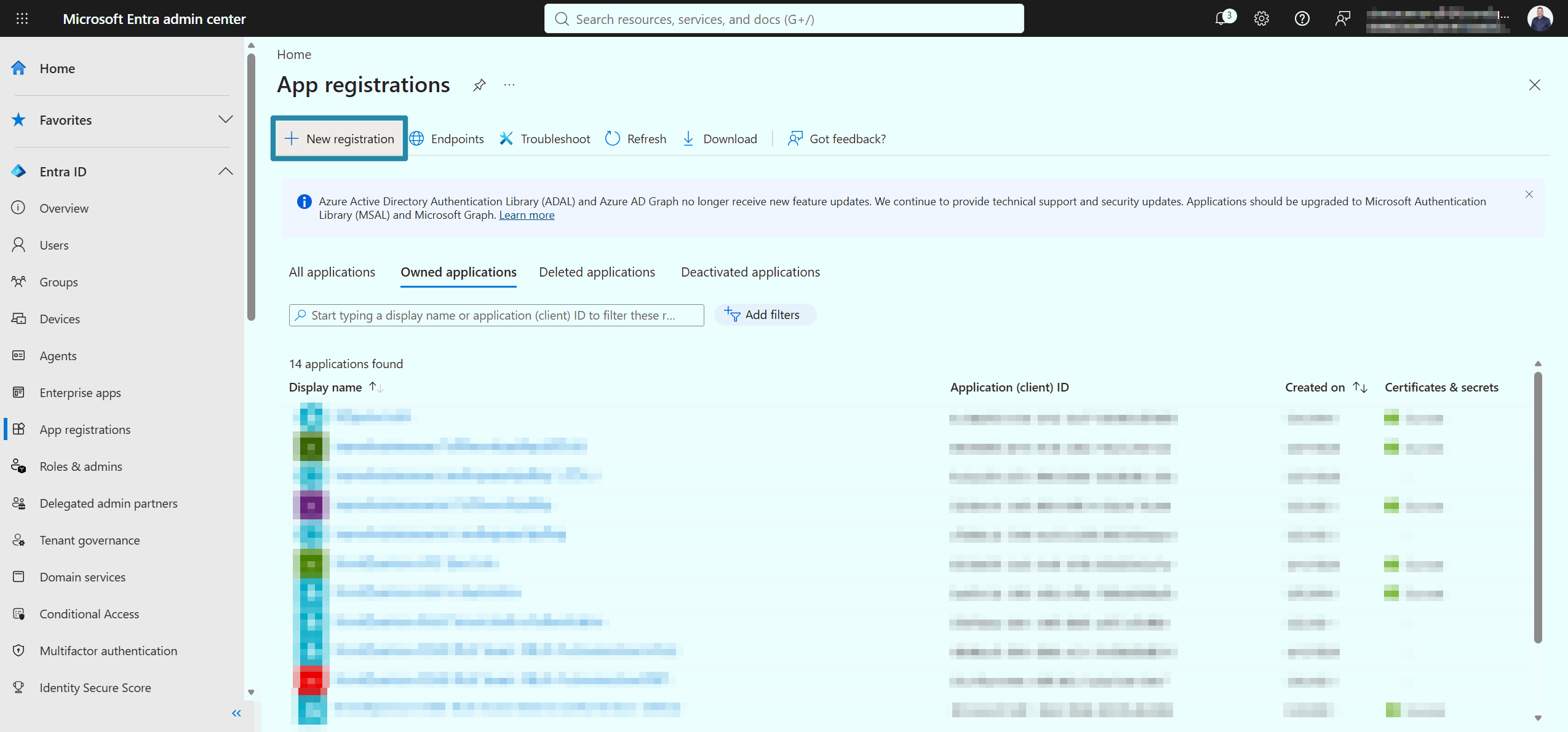 App registrations page with New registration highlighted to start creating the sync application.