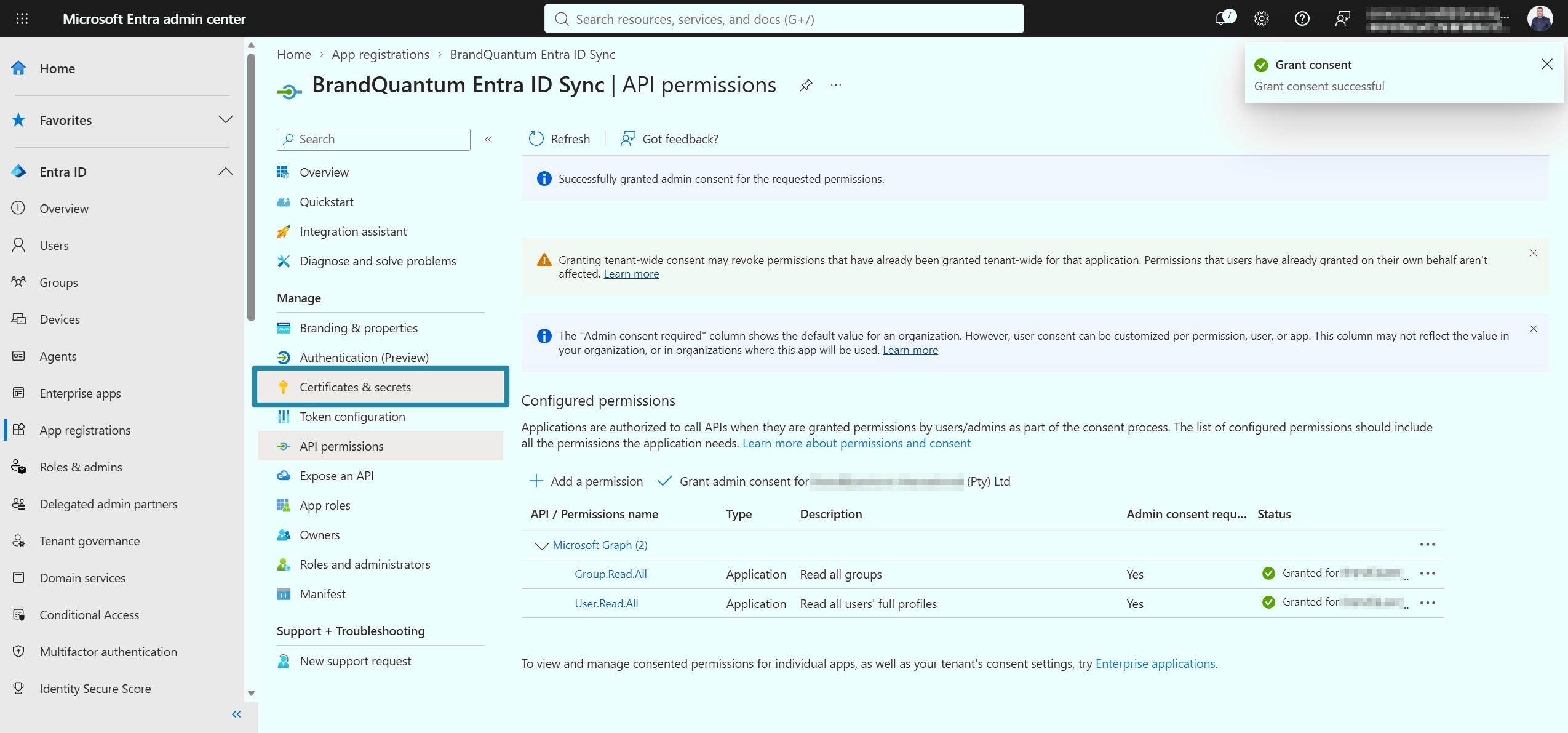 API permissions page showing successful admin consent, with Certificates & secrets highlighted in the navigation