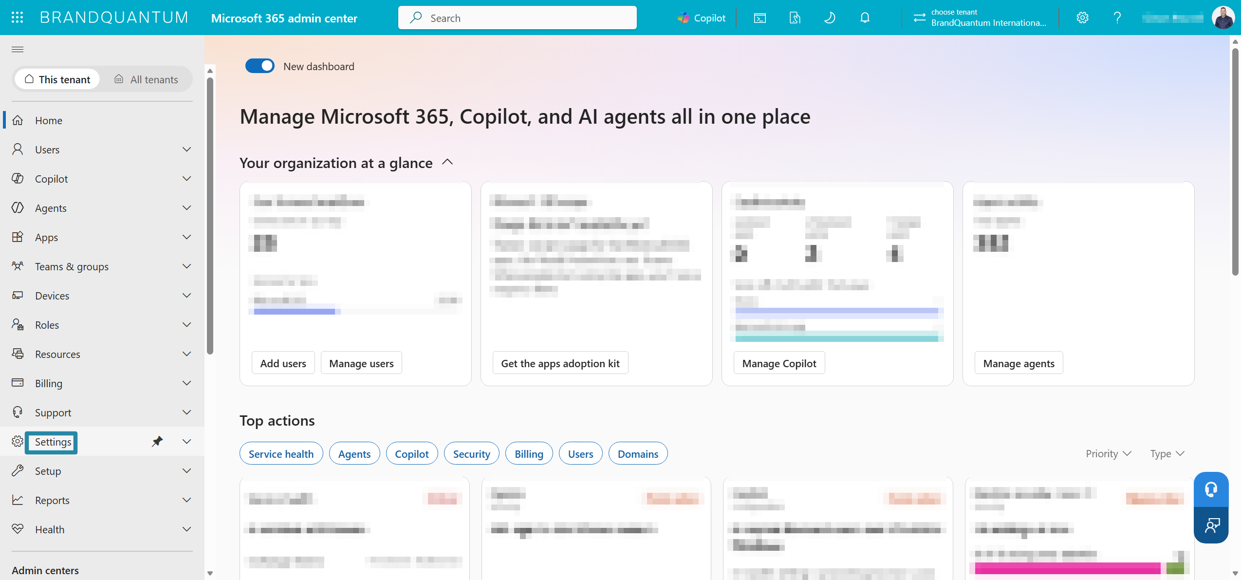Microsoft 365 admin centre Home page with Settings highlighted in the navigation